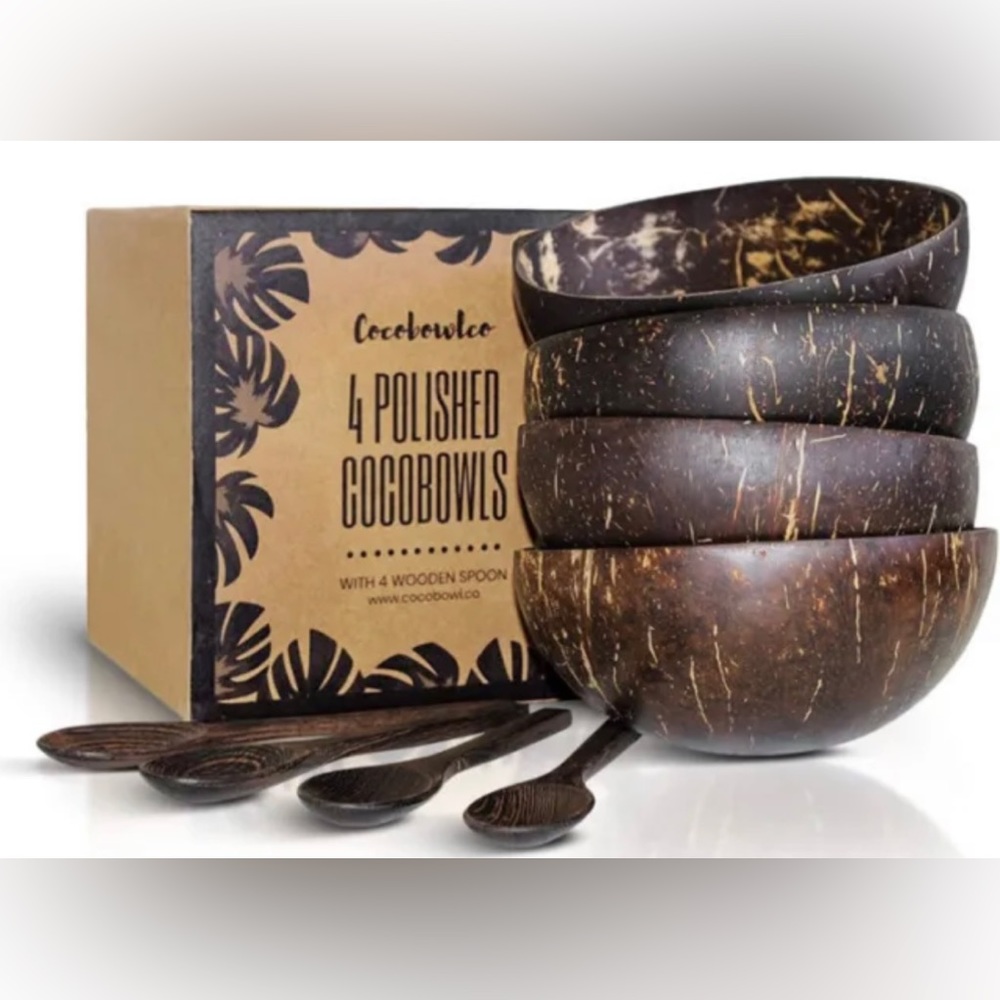 NEW COCOBOWLCO 4 Coconut Bowl & Wooden Spoons Bowl Set - Eco-friendly